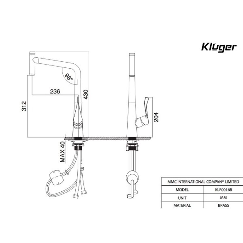 Vòi rửa bát nóng lạnh Kluger KLF0016B có dây rút2