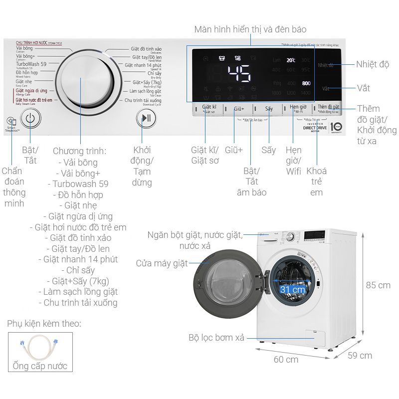 Máy giặt sấy LG giặt 11 kg – sấy 7 kg FV1411D4W4