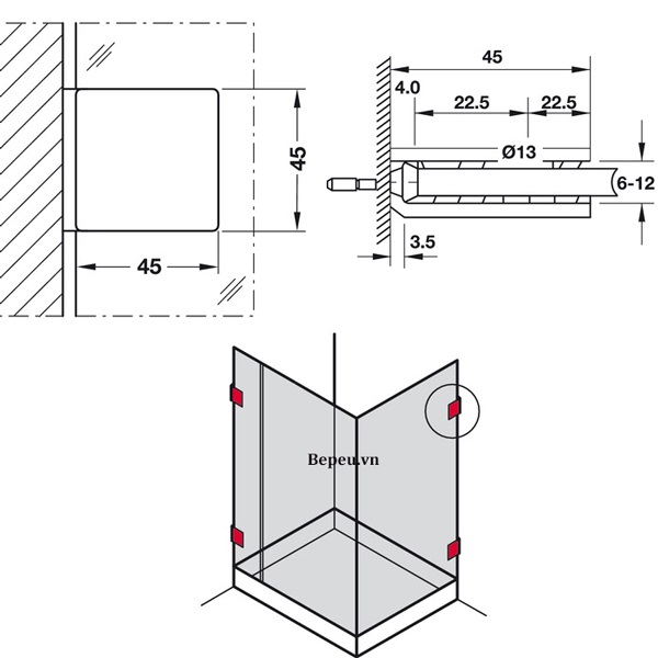 Kẹp Kính Tường 90º Phòng Tắm Kính Hafele 981.77.9181