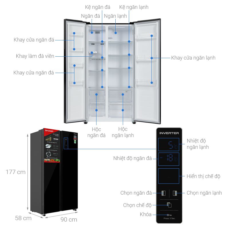 Tủ lạnh 2 cánh side by side 442 lít Sharp SJ-SBX440VG-BK1