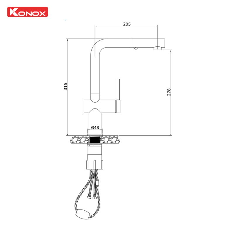 Vòi rửa bát nóng lạnh Konox Stream Chrome có dây rút0